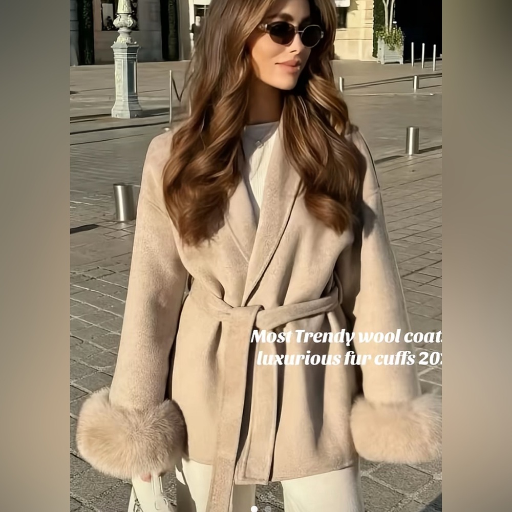 Elegant Beige Coat with Faux Fur Trim